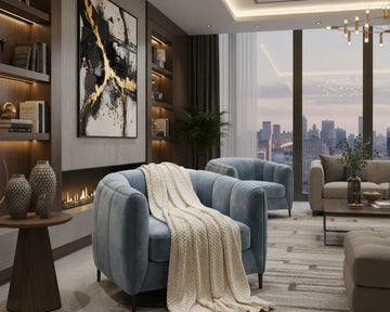 "Extra large luxury throw in soft beige knit draped over a light blue velvet armchair in a modern living room."