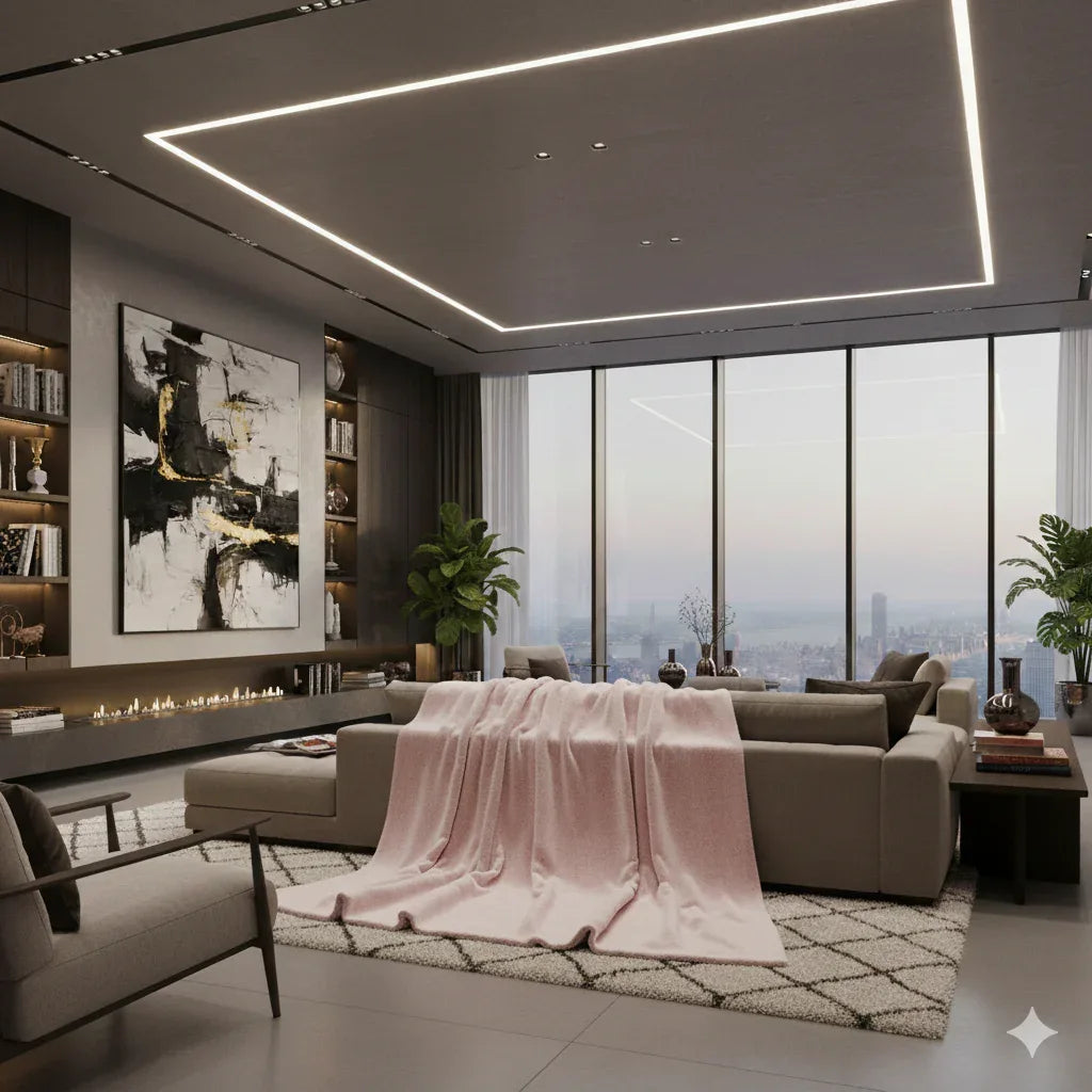 Extra large wool throw in soft pink draped over a light gray sofa, set in a modern living room with large windows.