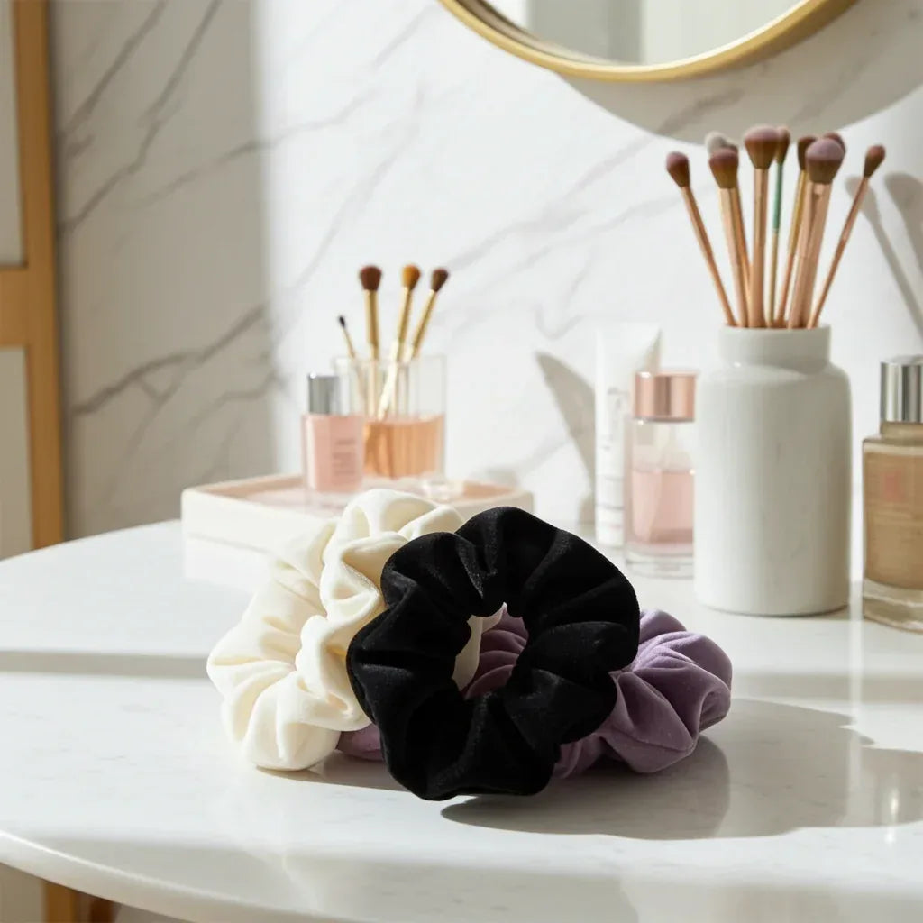 Luxury Velvet Hair Scrunchies - Purple / White/ Black Soft