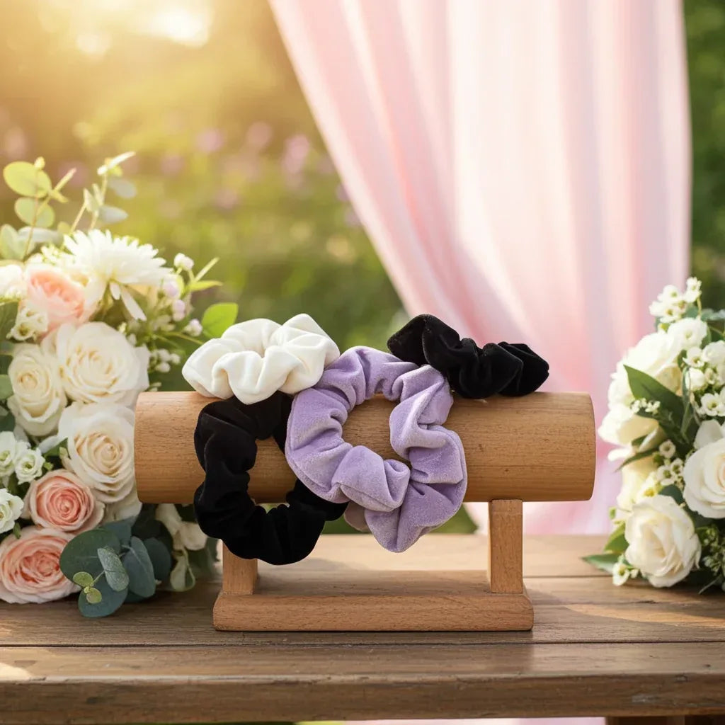 Luxury Velvet Hair Scrunchies - Purple / White/ Black Soft