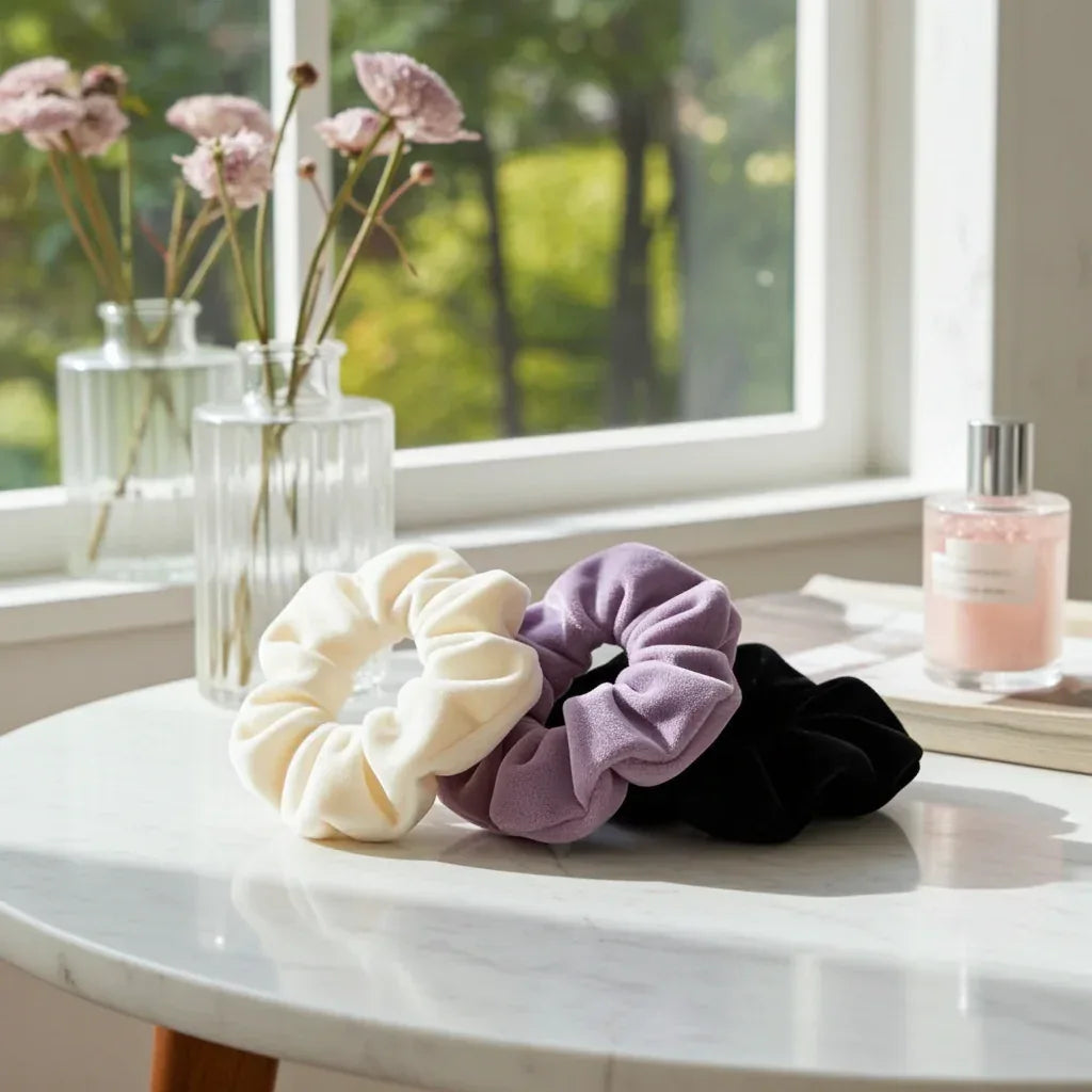 Luxury Velvet Hair Scrunchies - Purple / White/ Black Soft